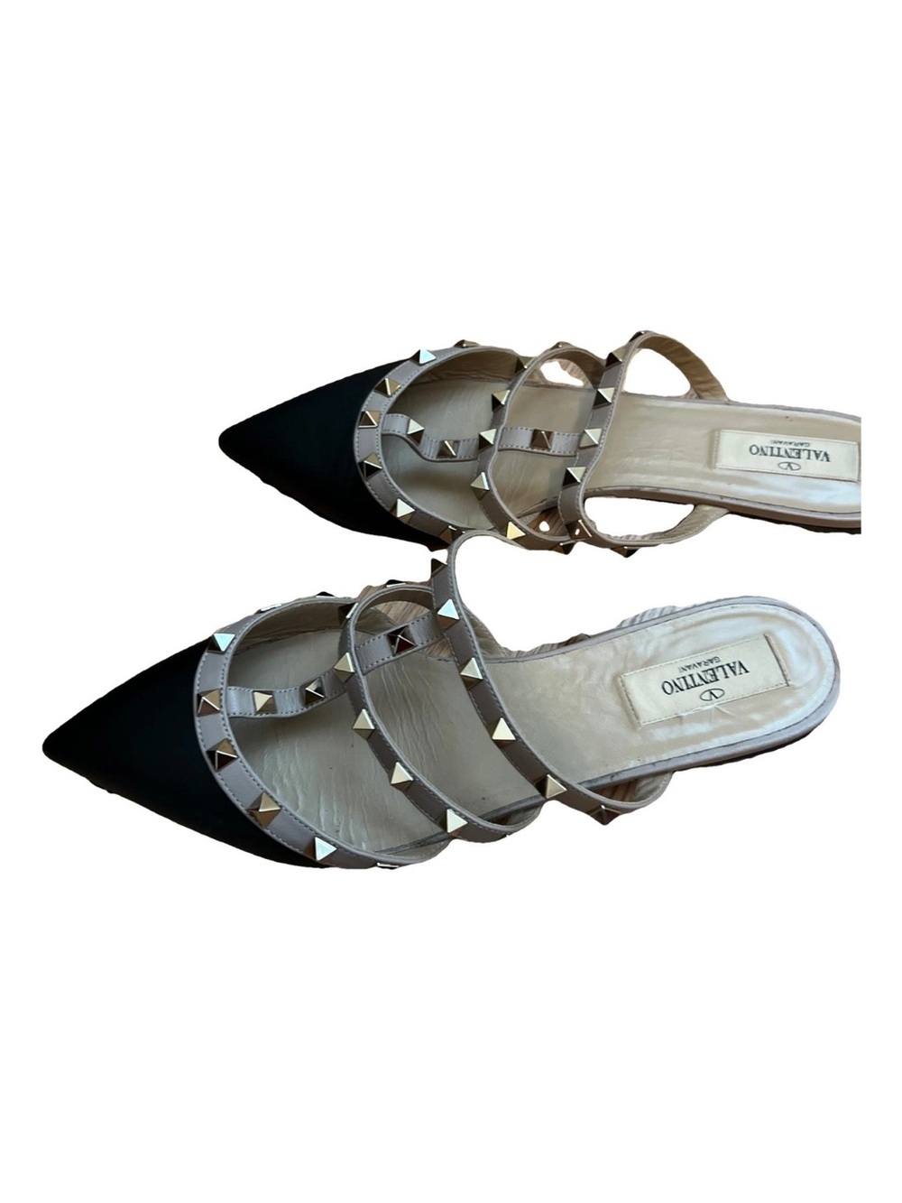 Valentino Garavani Black Pointed Mule with Nude Studded Straps